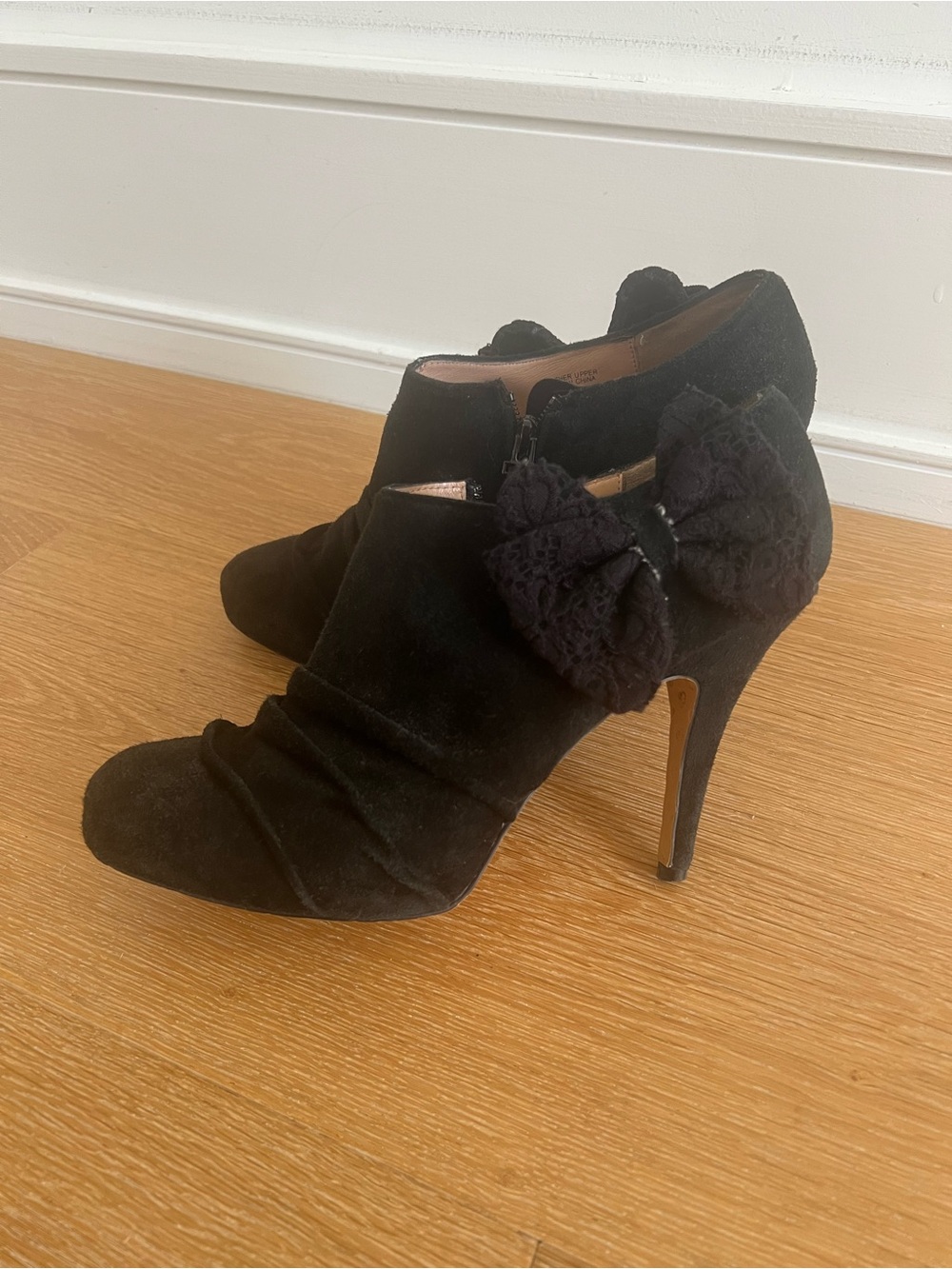 Betsey Johnson Black Suede Lace Bow High Heel Booties